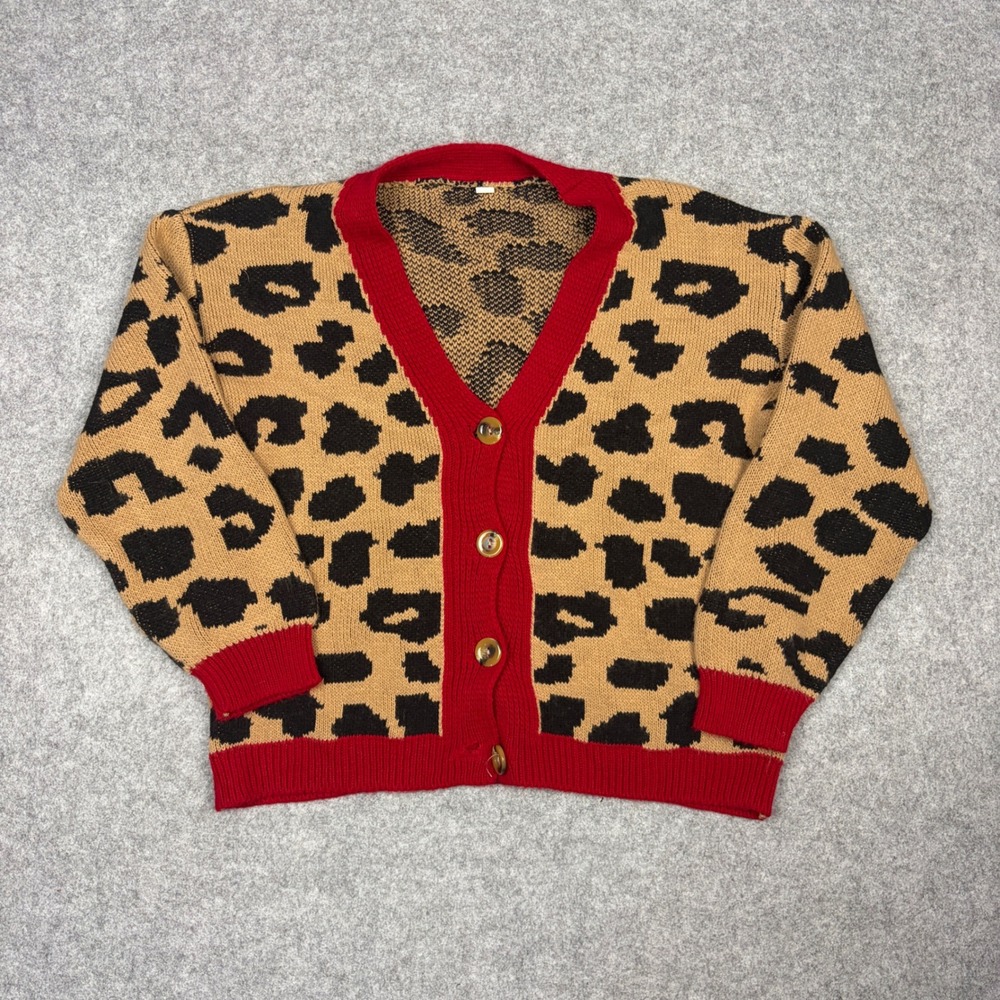 Leopard Print Knit Cardigan Red Contrast Trim V-Neck Button Front Sweater Small